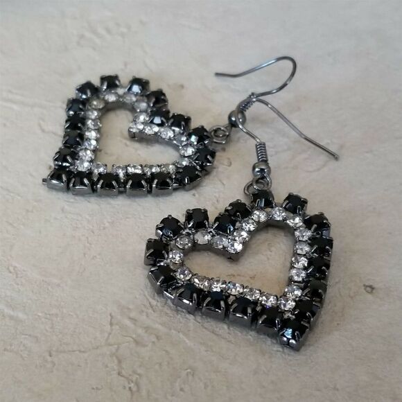 Open Heart Gunmetal Grey Black and Clear Austrian Crystal Dangle Earrings - Picture 1 of 6